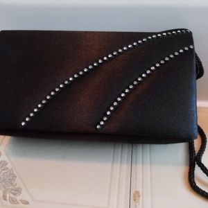 Black satin evening bag. Crystal accents